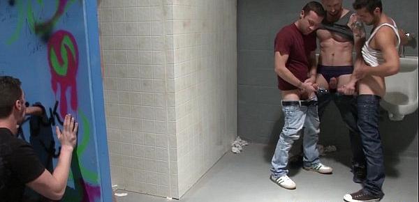  Pissing jock in restroom fucks until cumshot